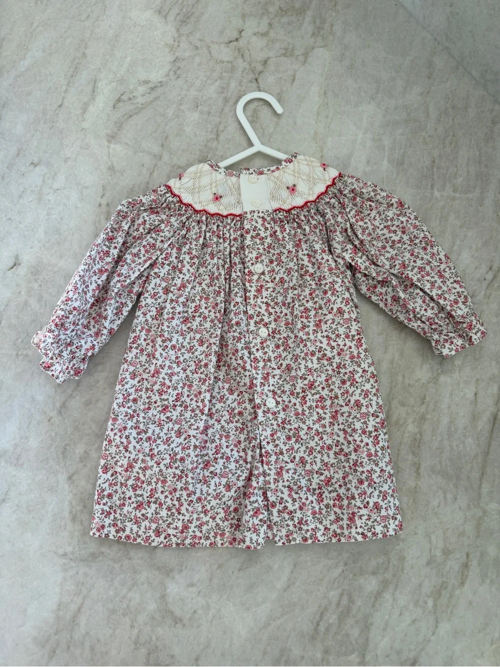 Girls' Floral Smocked Long Sleeve Dress - White with Red Floral- Luli & Me